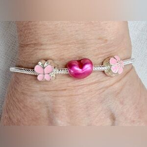 925 sterling silver snake bracelet,pink enamel flower,butterfly,heart charms6.7”